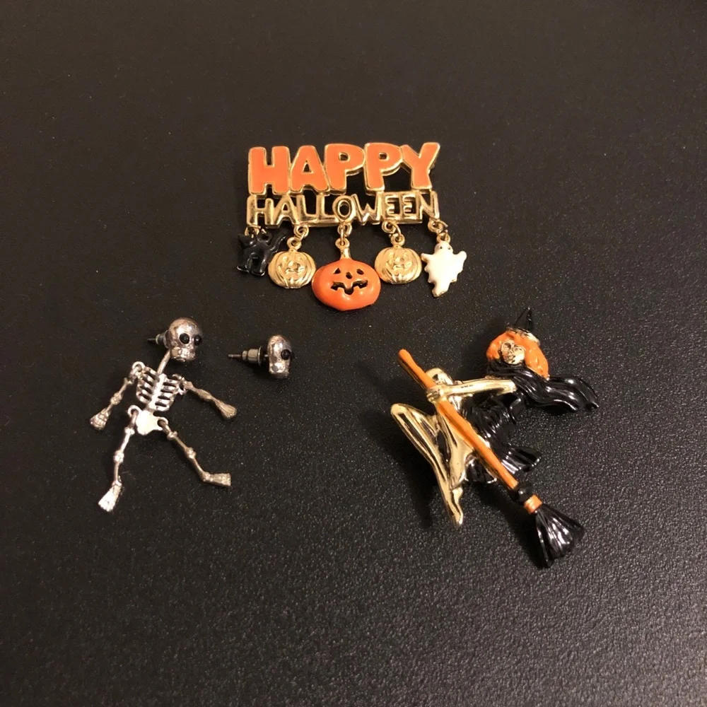 Halloween Pin Set - Happy Halloween, Witch & Skeleton